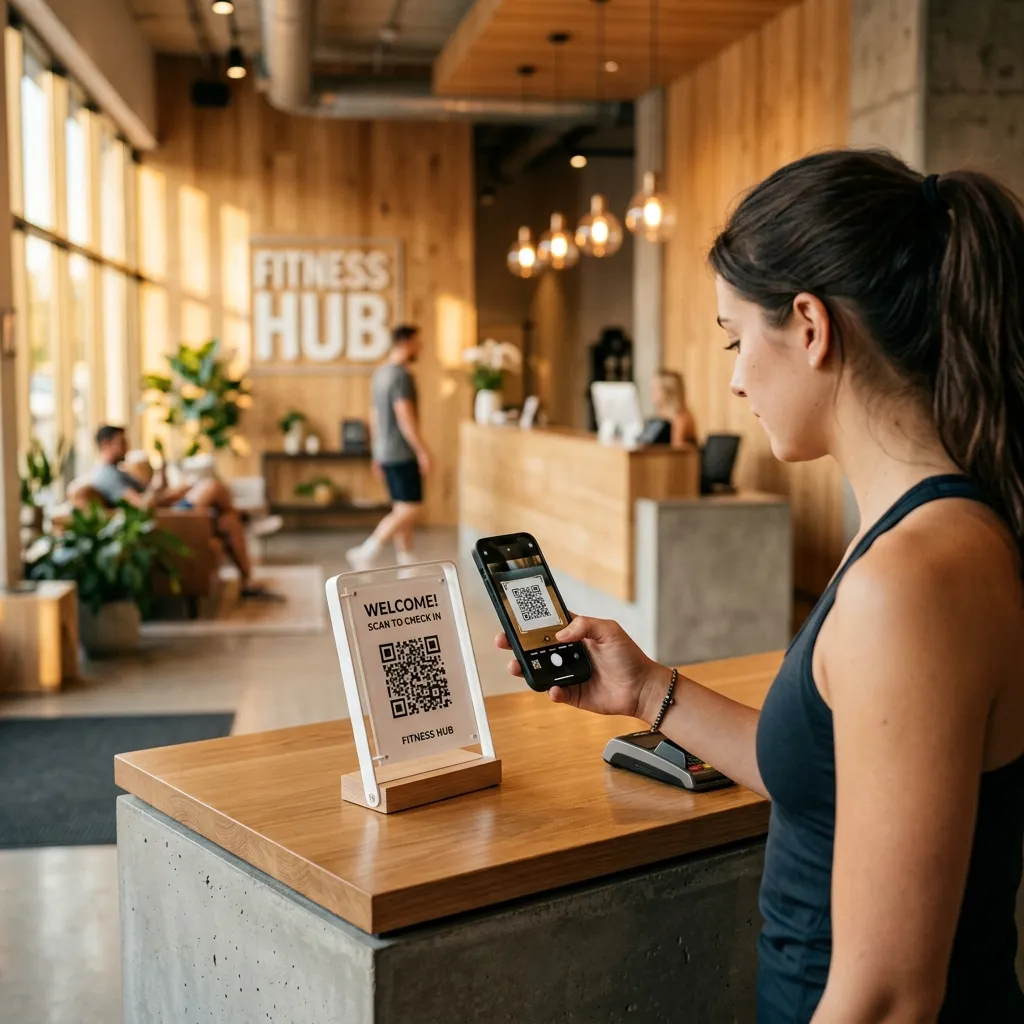 A gym member checking in by scanning a QR code with their smartphone at the front desk