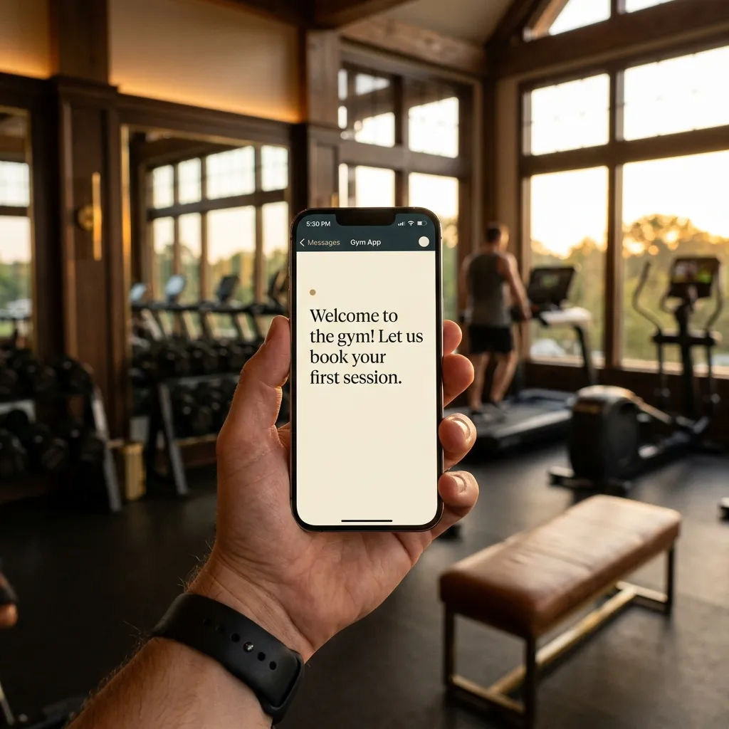 WhatsApp onboarding welcome message displayed on a smartphone in a gym